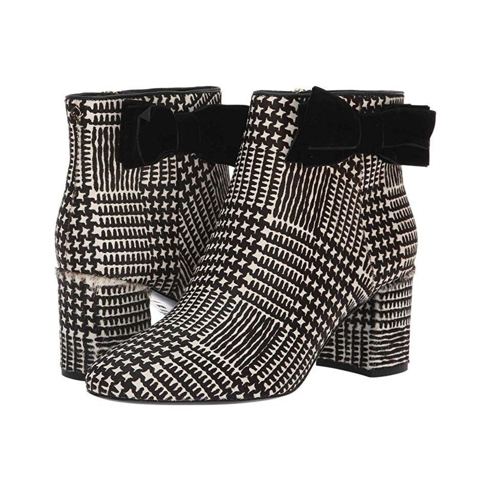 Kate Spade Holly Black White Plaid Calf Hair Bow Ankle Boots S7351004 Size 6.5M
